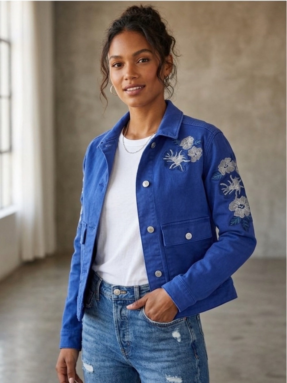 Blue Floral Embroidered Jacket